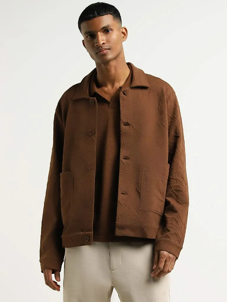 ETA Brown Self-Patterned Cotton Blend Relaxed Fit Jacket