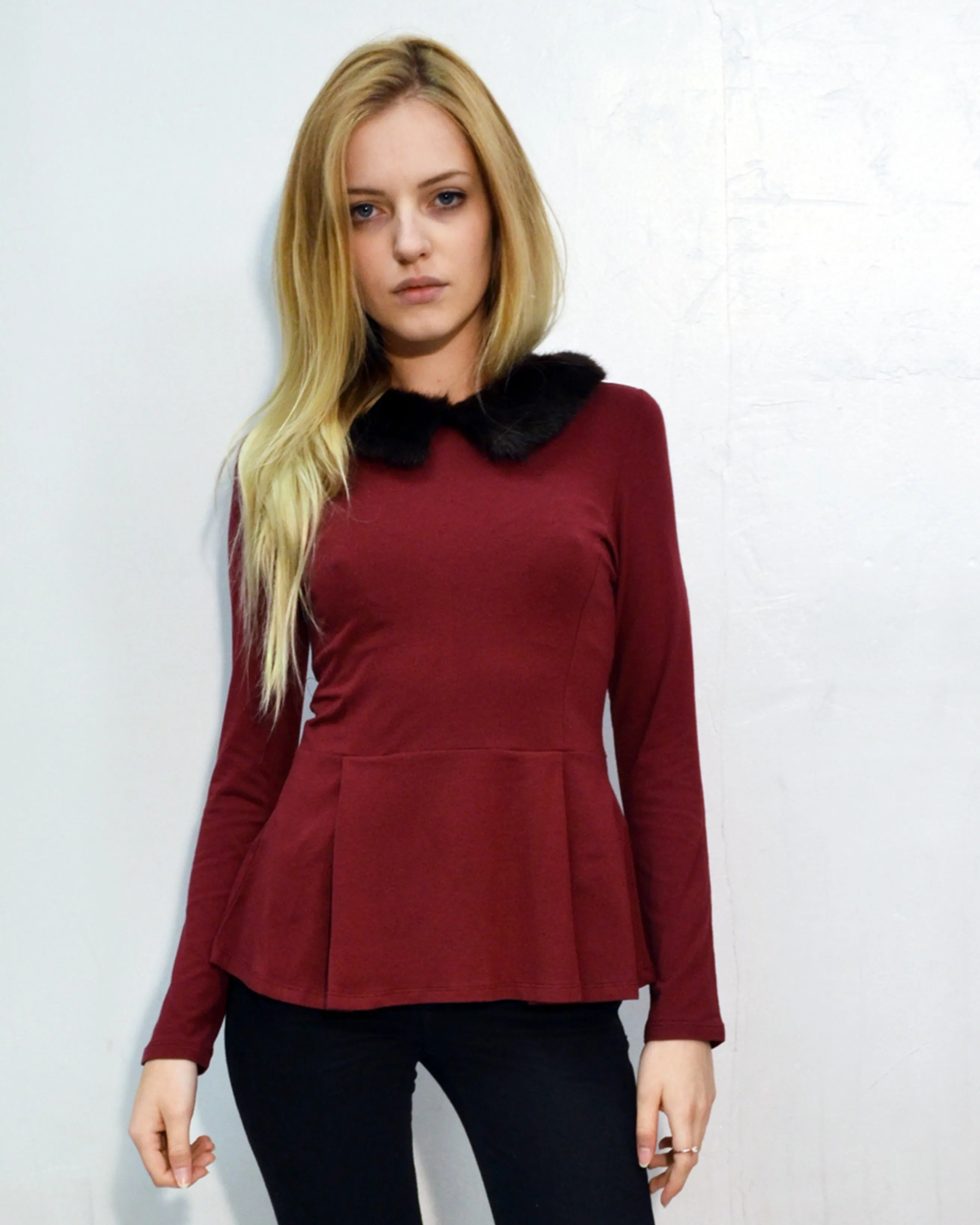 Faux Fur Collar Top (Burgundy)