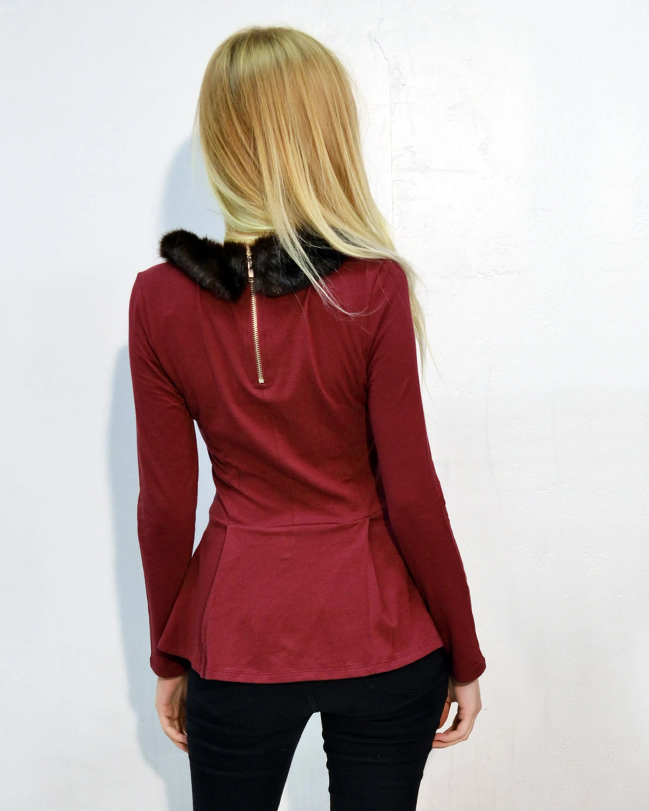 Faux Fur Collar Top (Burgundy)