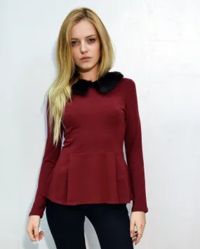 Faux Fur Collar Top (Burgundy)