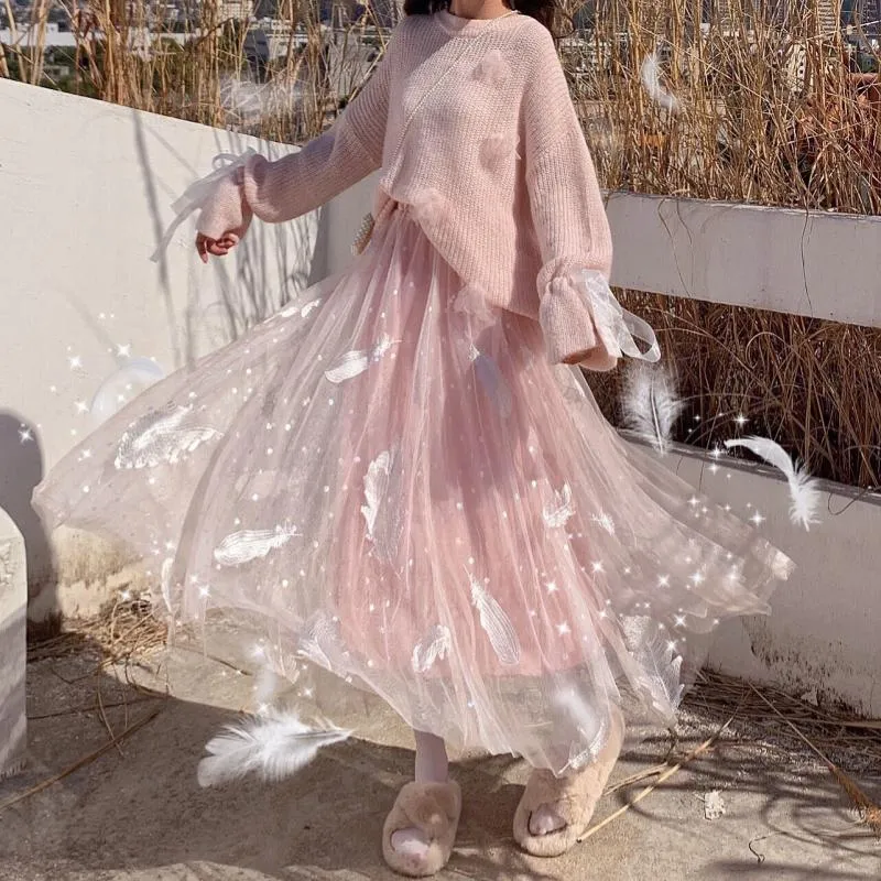 Feather Pink White Cream Tulle Layered Long Elastic Gathered Waist Skirt