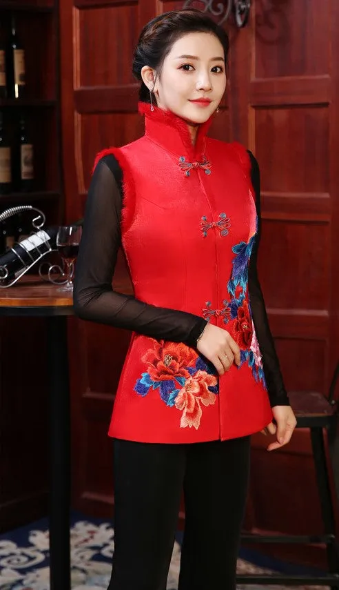 Floral Embroidery Cheongsam Top Fur Edge Chinese Wadded Waistcoat Vest