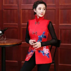 Floral Embroidery Cheongsam Top Fur Edge Chinese Wadded Waistcoat Vest