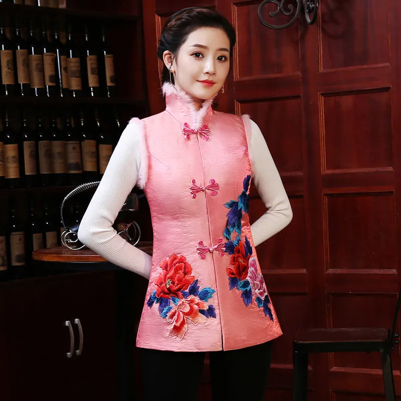 Floral Embroidery Cheongsam Top Fur Edge Chinese Wadded Waistcoat Vest