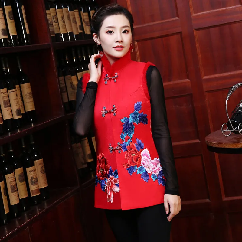 Floral Embroidery Cheongsam Top Fur Edge Chinese Wadded Waistcoat Vest