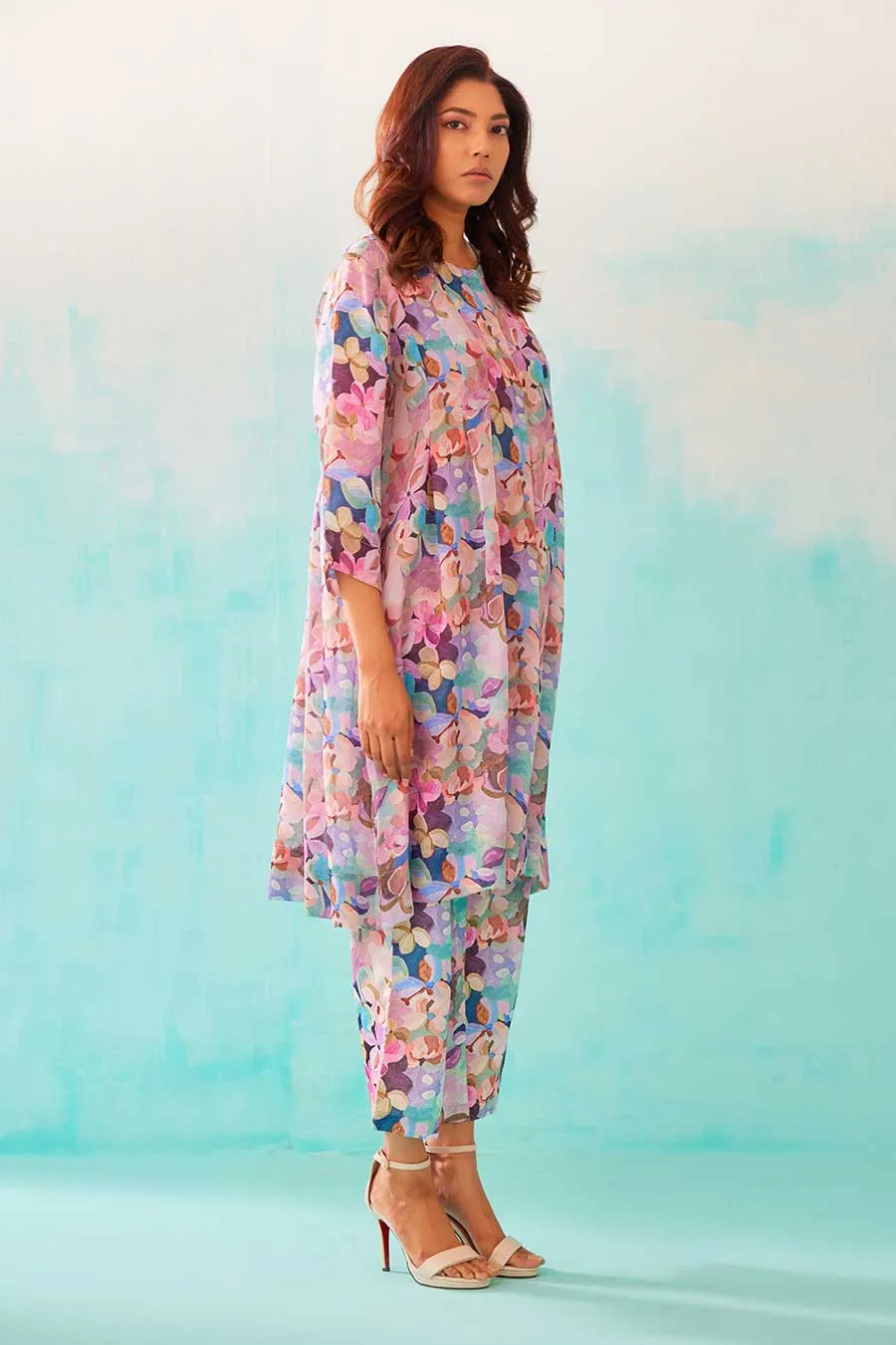 Floral Print Pleated Tunic & Pant Co-Ord Set