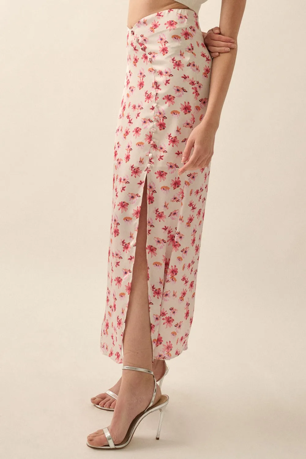 Floral Satin Curve Button-Front Maxi Skirt