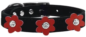 Flower Leather Collar Black With Red Flowers Size 14