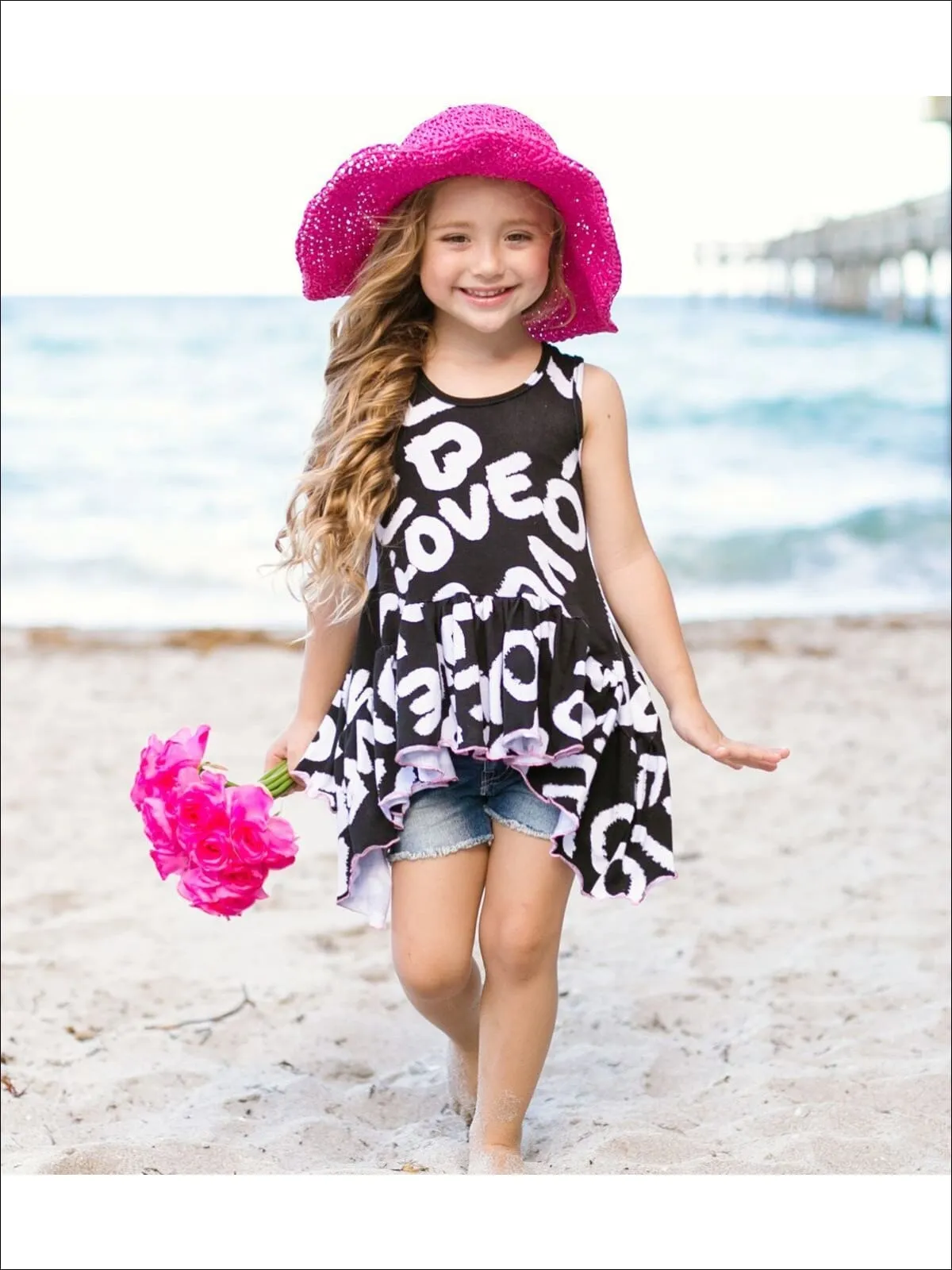 Girls Love Printed Side Tail Ruffle Hem Tunic