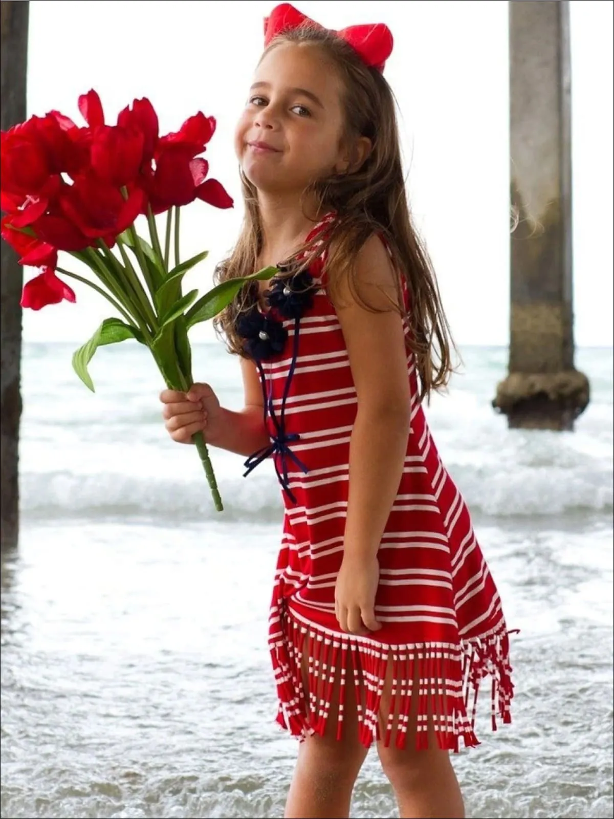 Girls Red And Crème Stripe Rosette Fringe Tunic Dress