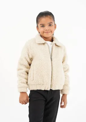 Girls Teddy Faux Fur Bomber Jacket - beige