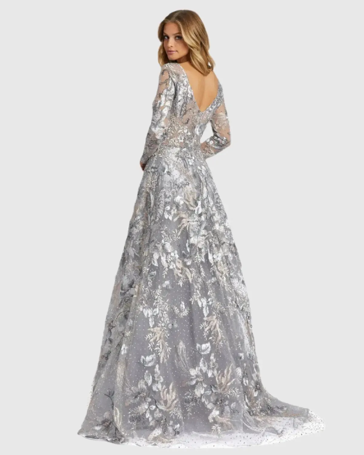 Gray Long Sleeve Beaded Applique Gown