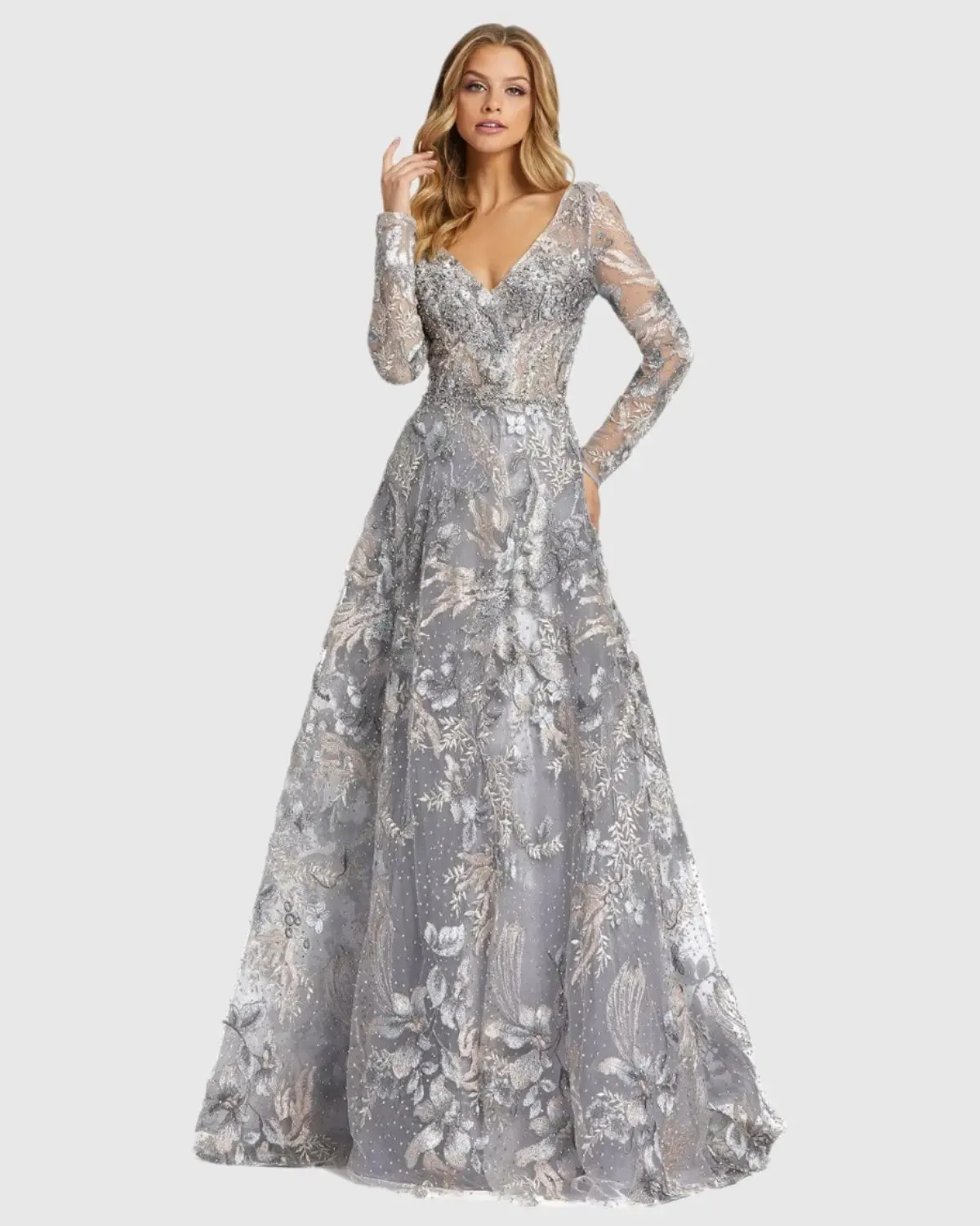 Gray Long Sleeve Beaded Applique Gown