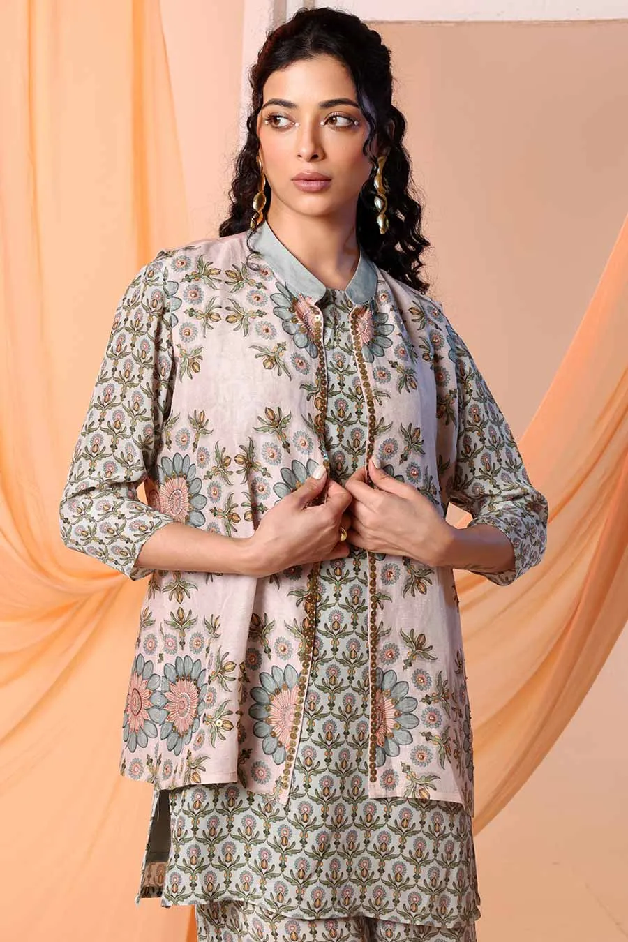 Green Earaya Printed Tunic Set With Embellished Jacket