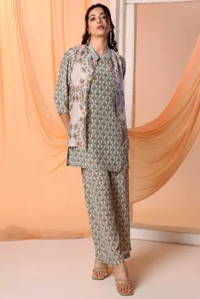 Green Earaya Printed Tunic Set With Embellished Jacket