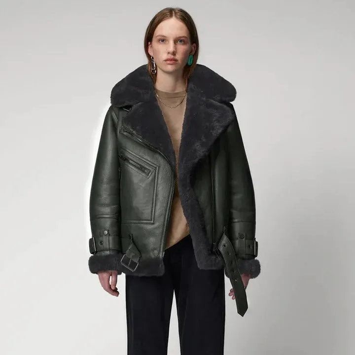 Green Women's Shearling Leather Jacket - RAF Aviator Style Jacket