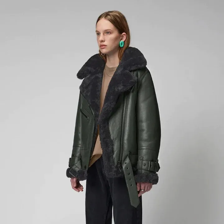 Green Women's Shearling Leather Jacket - RAF Aviator Style Jacket