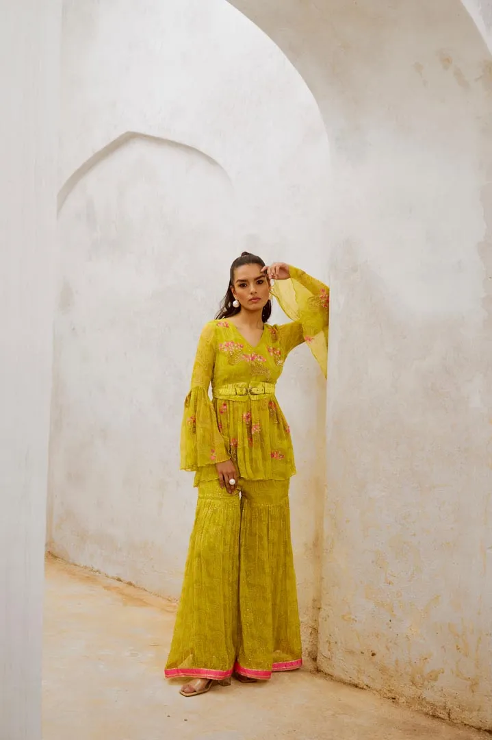 Gulbahar Lemon Green Guldasta tunic with jugnu Sharara and belt set