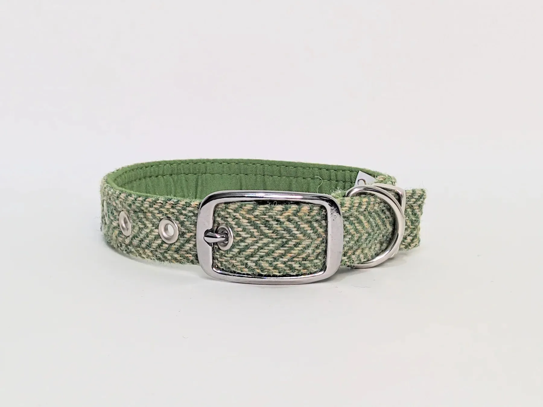 Harris Tweed Green Herringbone Buckle Dog Collar