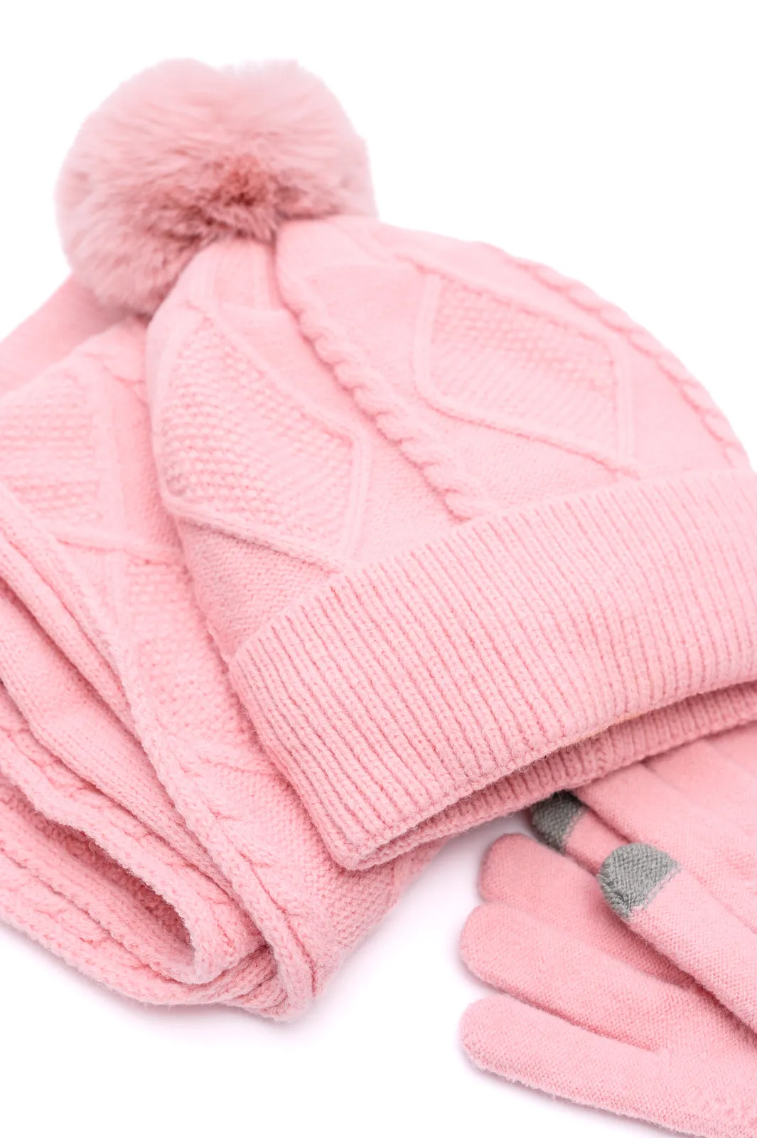 Jane Frost Beanie, Glove, and Scarf Set in Pink