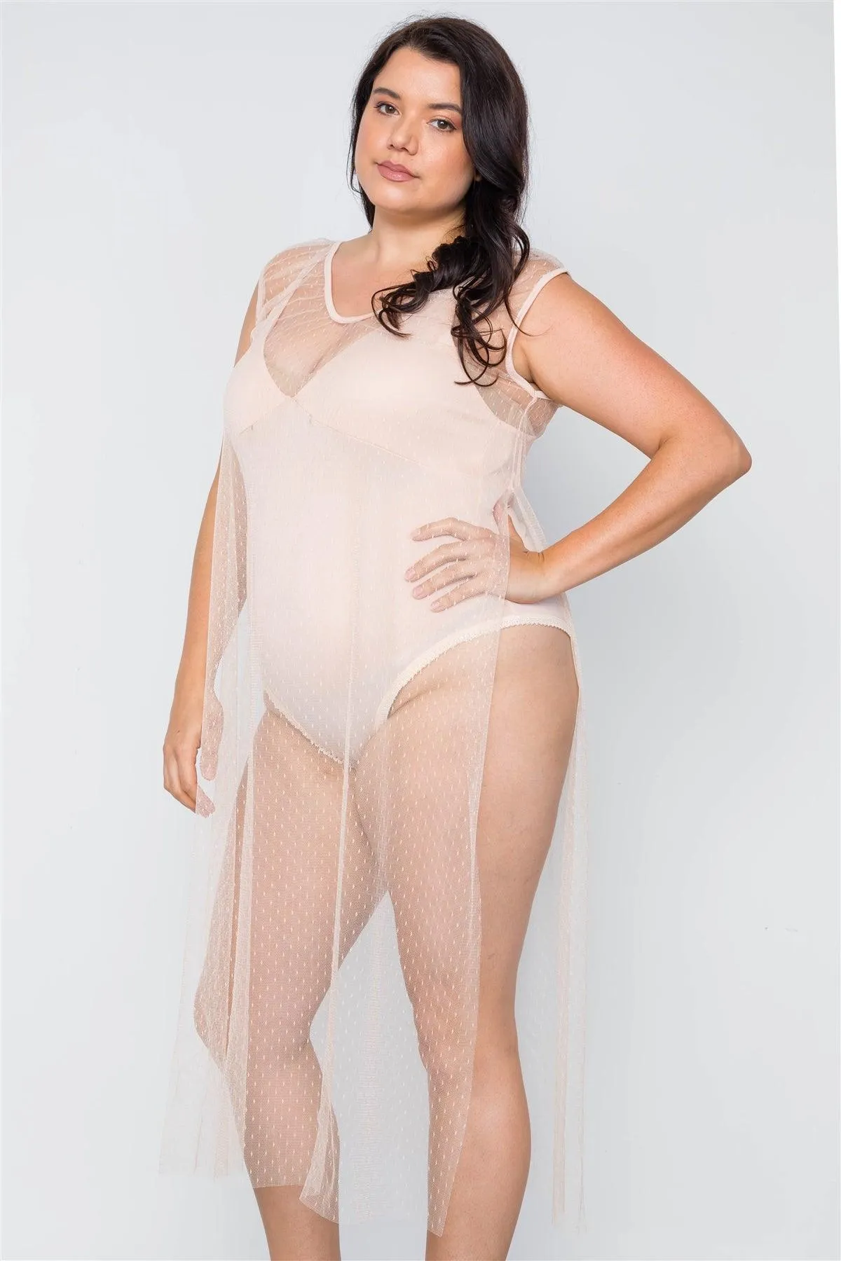 Junior Plus Size Beige Dotted Mesh Cover Up With Bodysuit Set /2-2-2