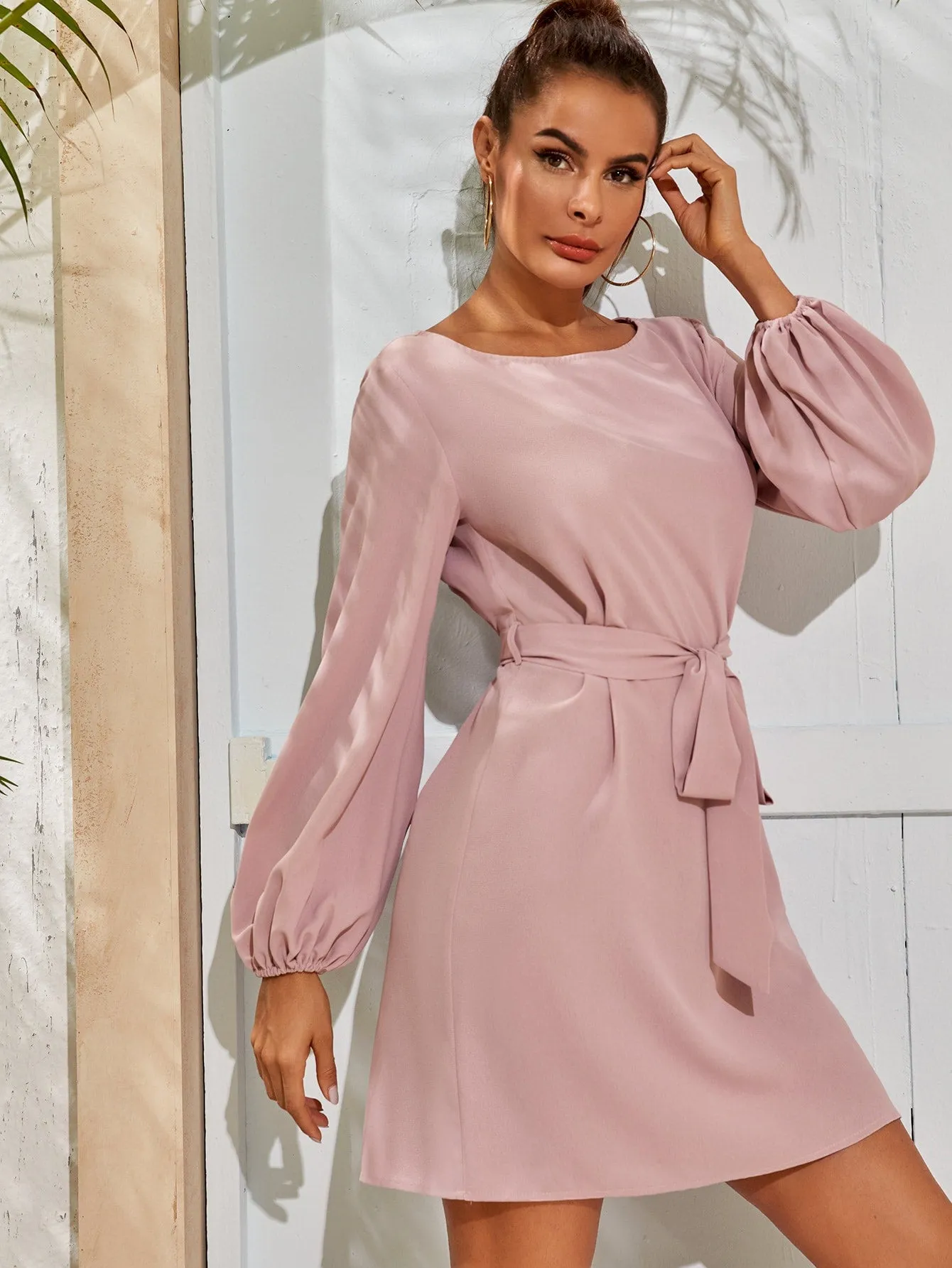 Lantern Sleeve Belted Tunic Dress