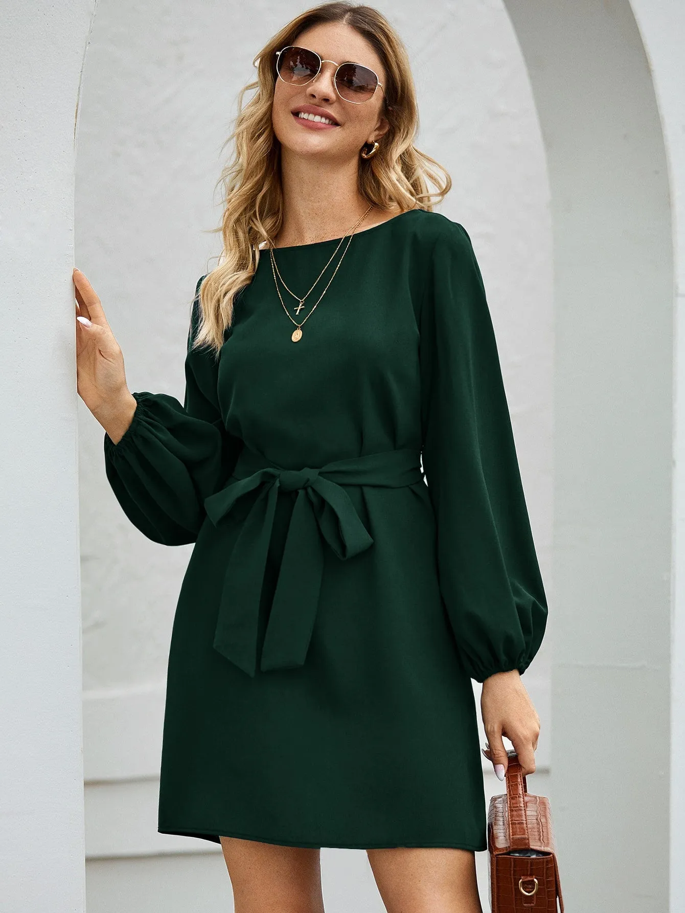 Lantern Sleeve Belted Tunic Dress