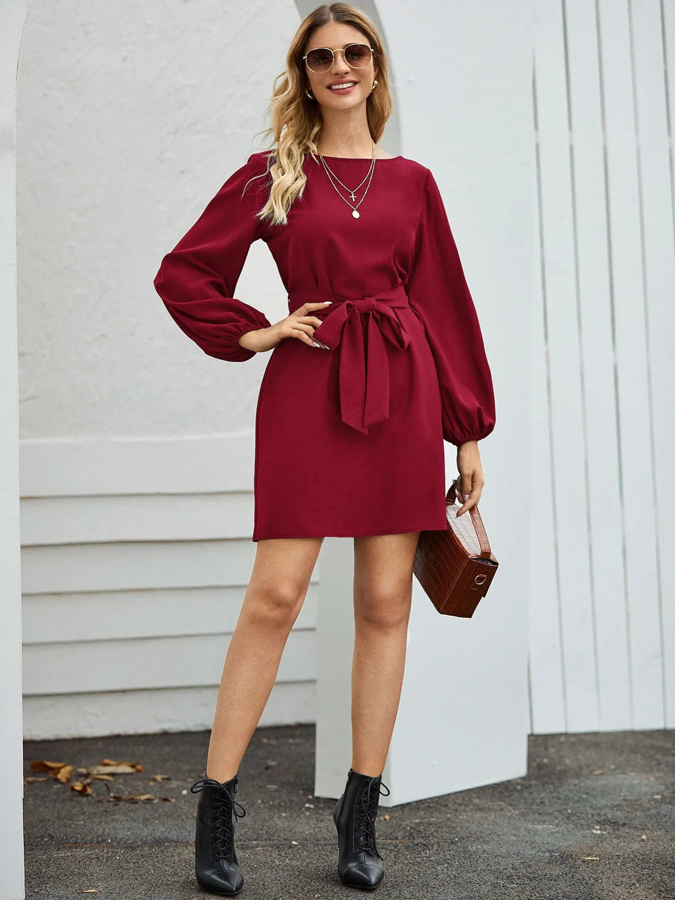 Lantern Sleeve Belted Tunic Dress