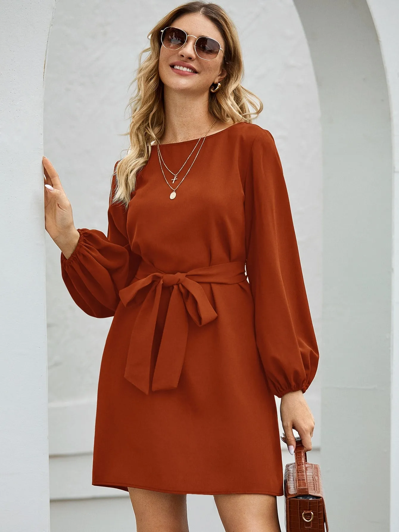 Lantern Sleeve Belted Tunic Dress