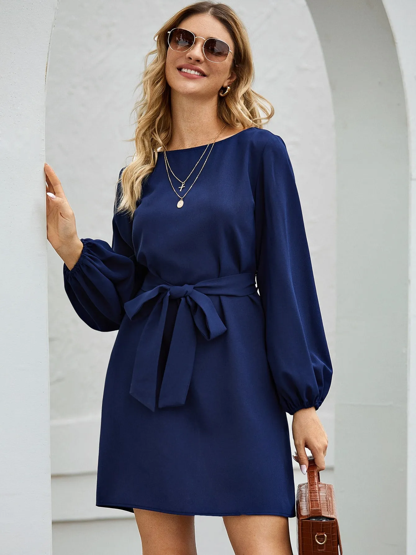 Lantern Sleeve Belted Tunic Dress