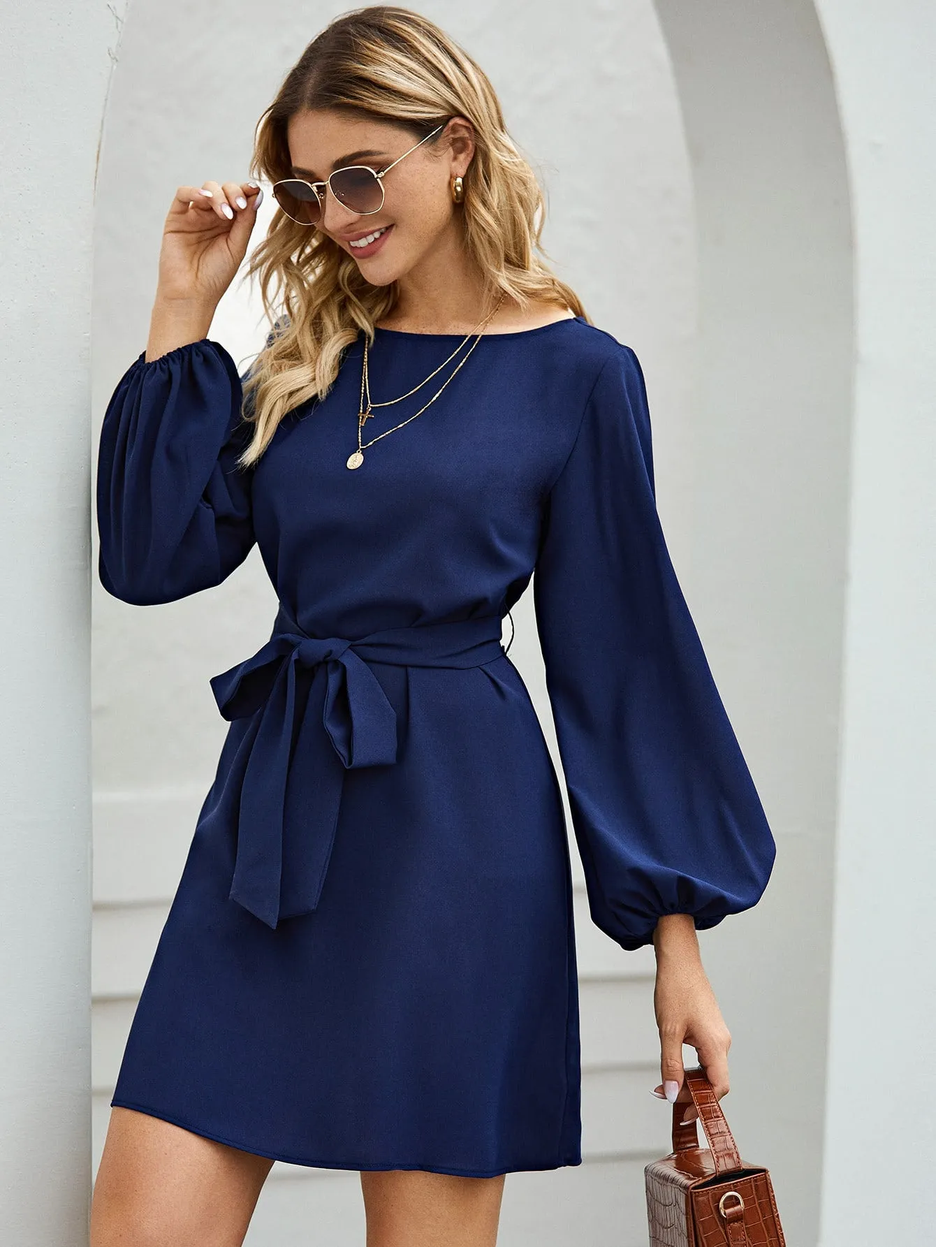 Lantern Sleeve Belted Tunic Dress