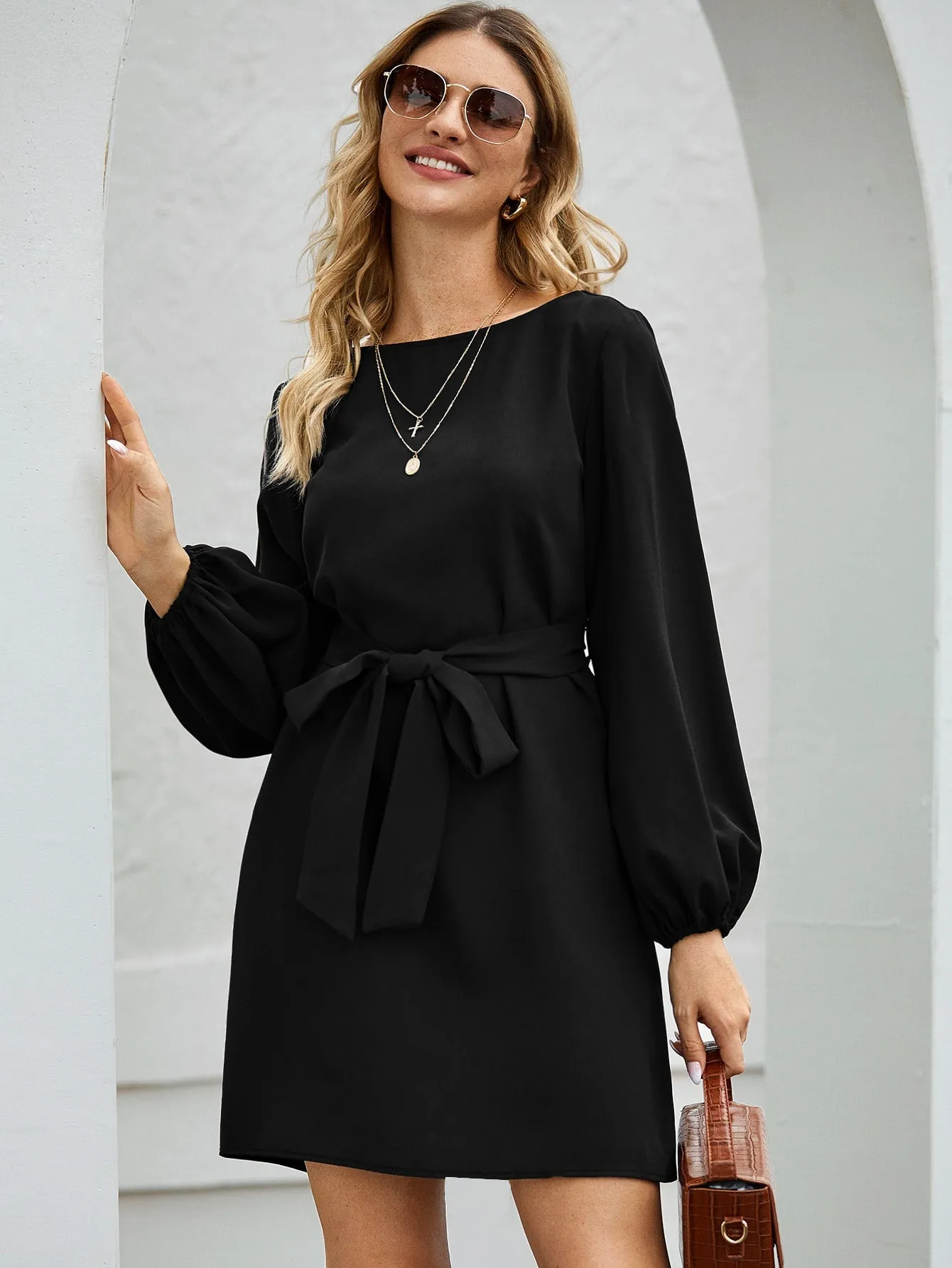 Lantern Sleeve Belted Tunic Dress