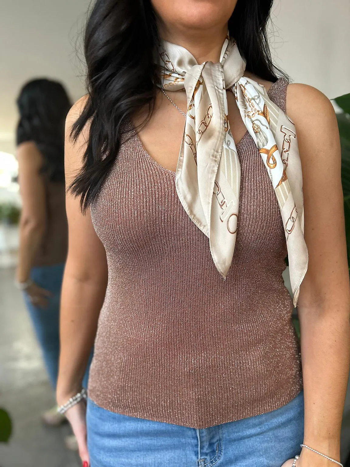 Latte Shimmer Fine Knit Vest Top Dina