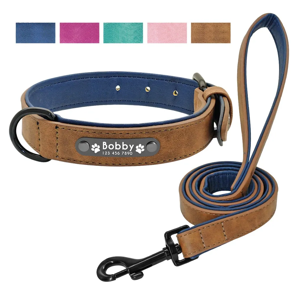 Leather Dog Collar Leash Set Personalized Customized Dogs Collars 2 Layer Leather Dog Leash