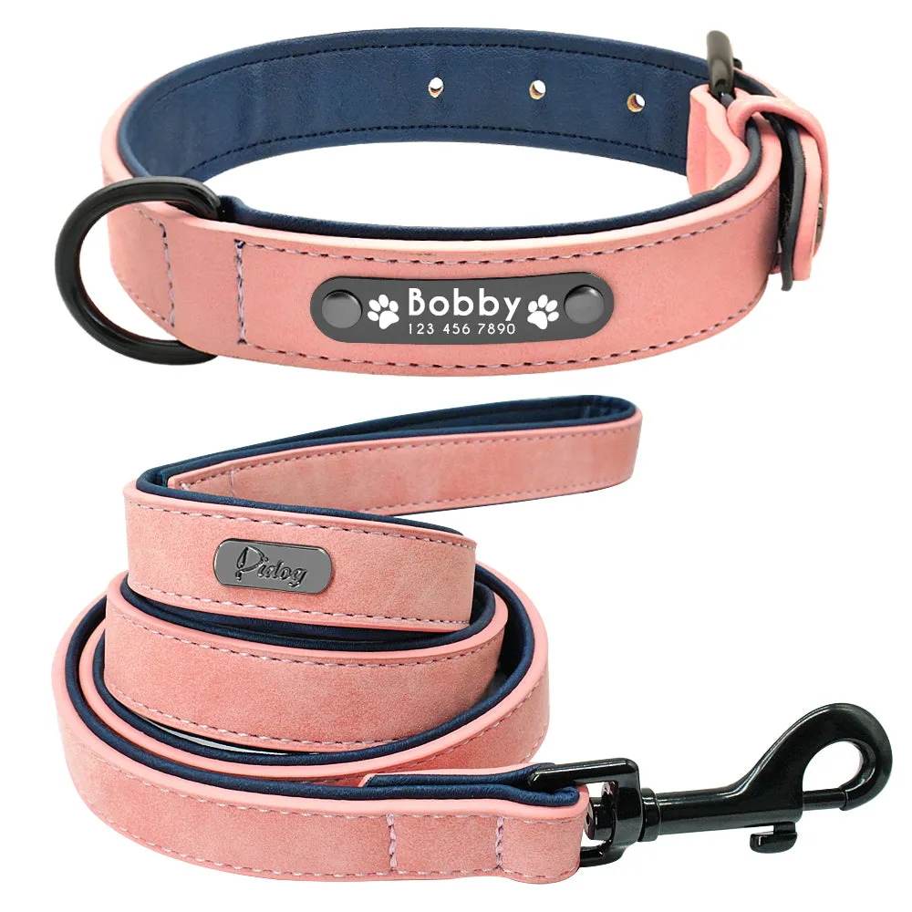 Leather Dog Collar Leash Set Personalized Customized Dogs Collars 2 Layer Leather Dog Leash