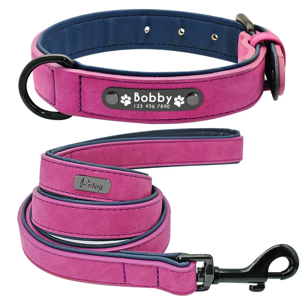 Leather Dog Collar Leash Set Personalized Customized Dogs Collars 2 Layer Leather Dog Leash