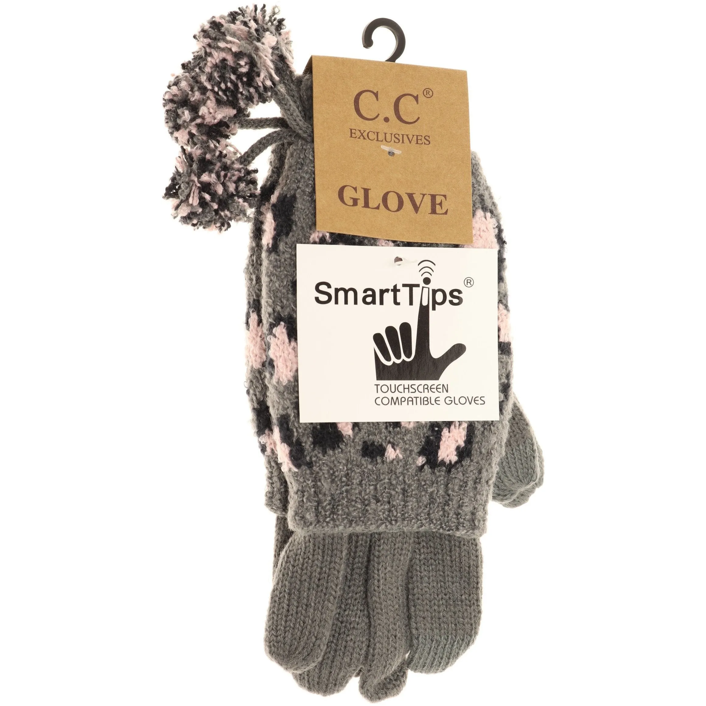 Leopard Print Cuffed CC Gloves with Pom Lt Grey