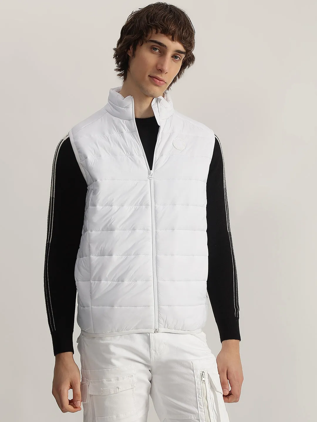 Lindbergh Men White Solid Stand Collar Sleeveless Puffer Jacket