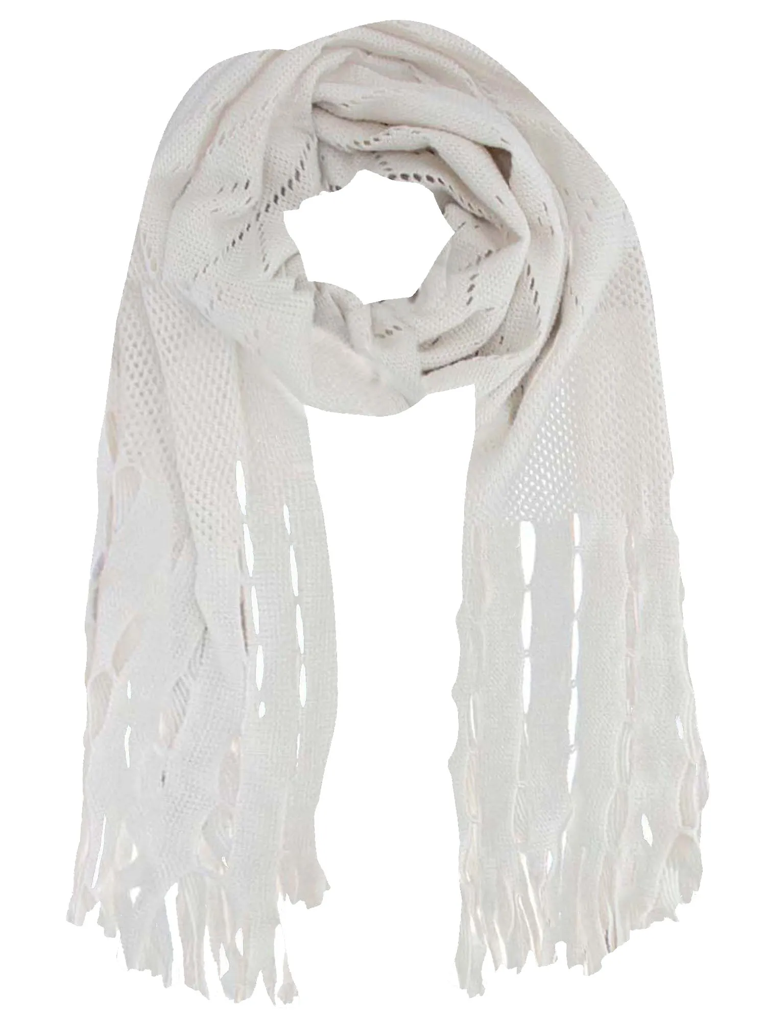 Long Fringy Diamond Pattern Knit Scarf