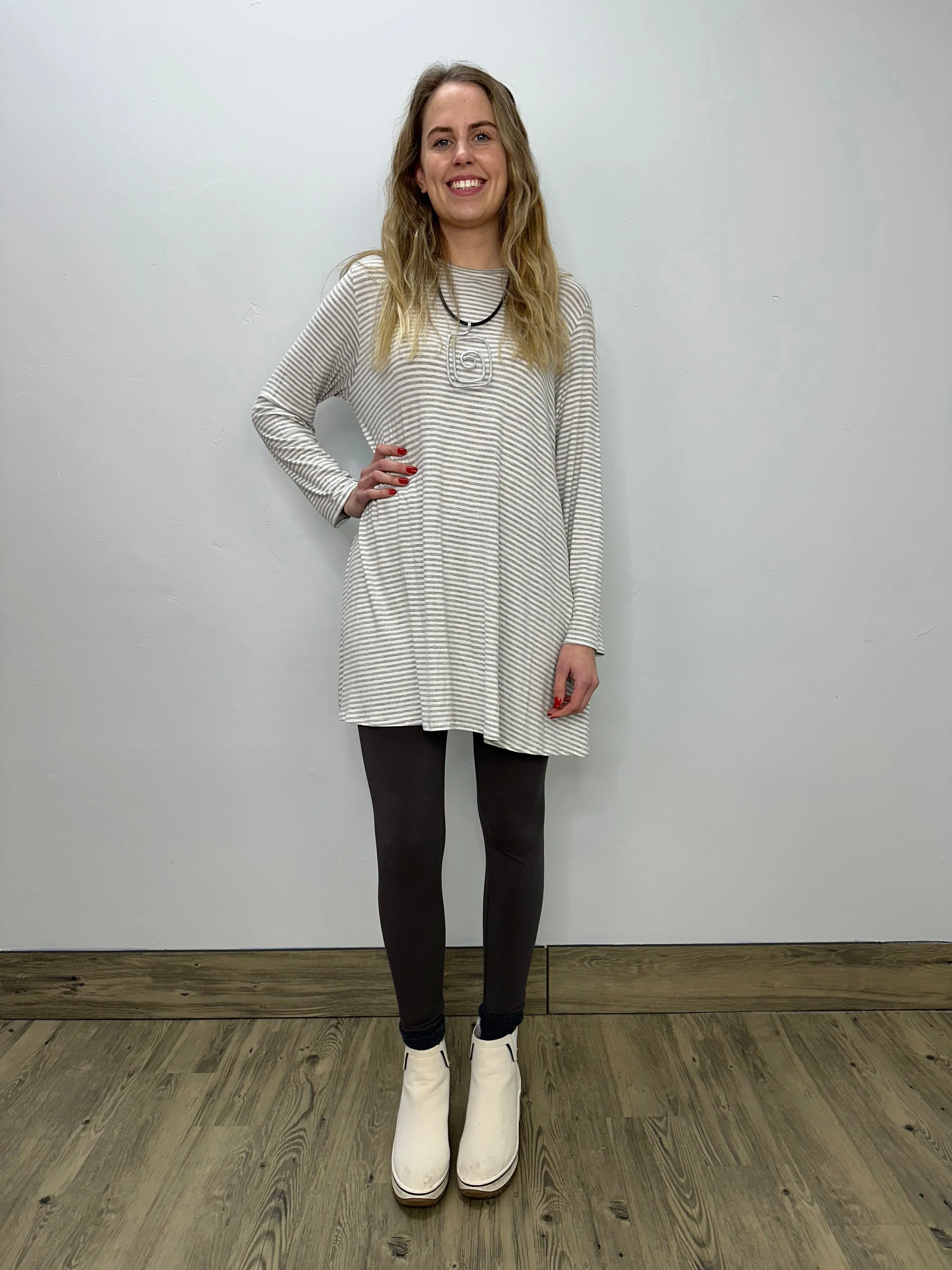 Long Sleeve Basic A-Line Tunic - Gray & White Stripe