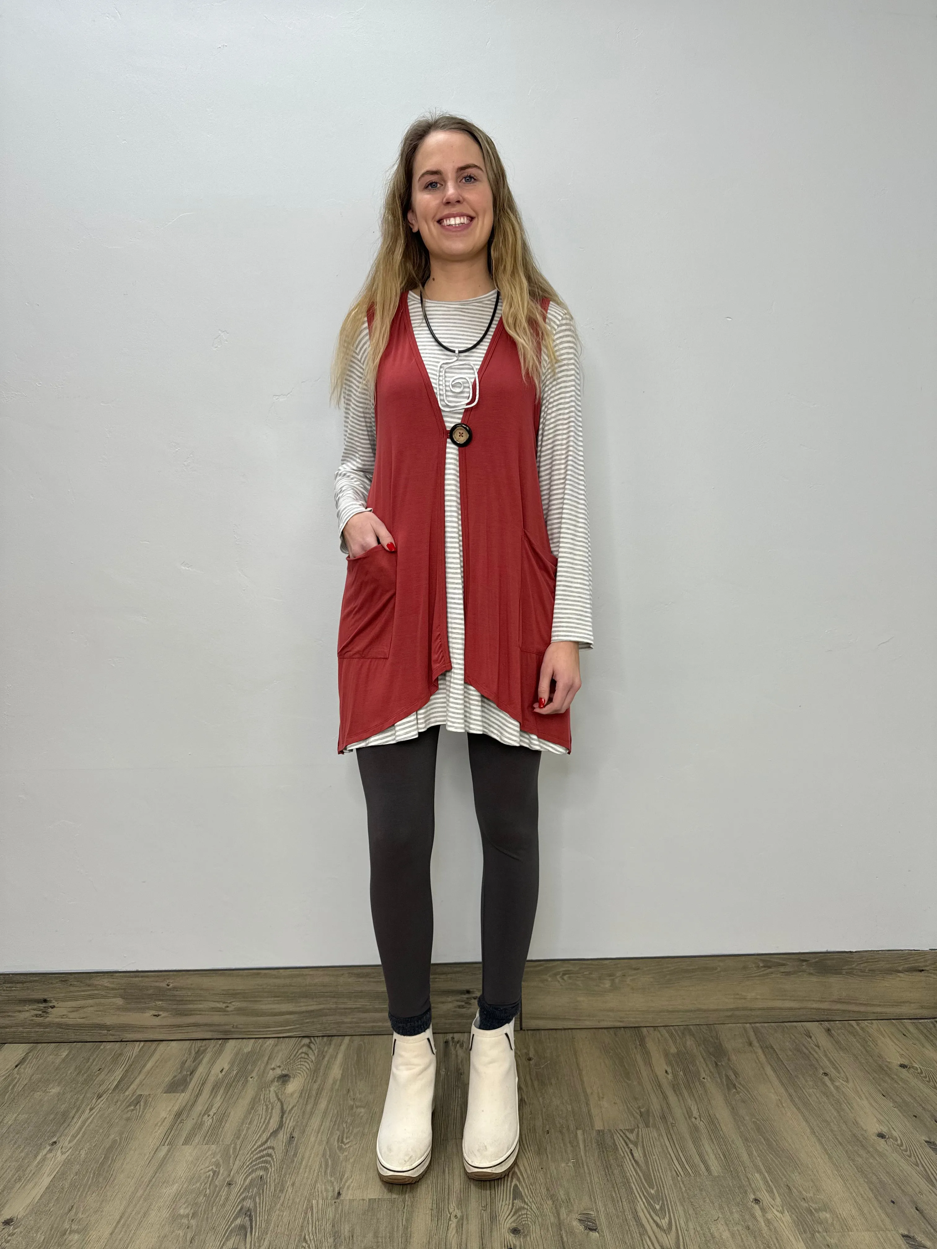 Long Sleeve Basic A-Line Tunic - Gray & White Stripe