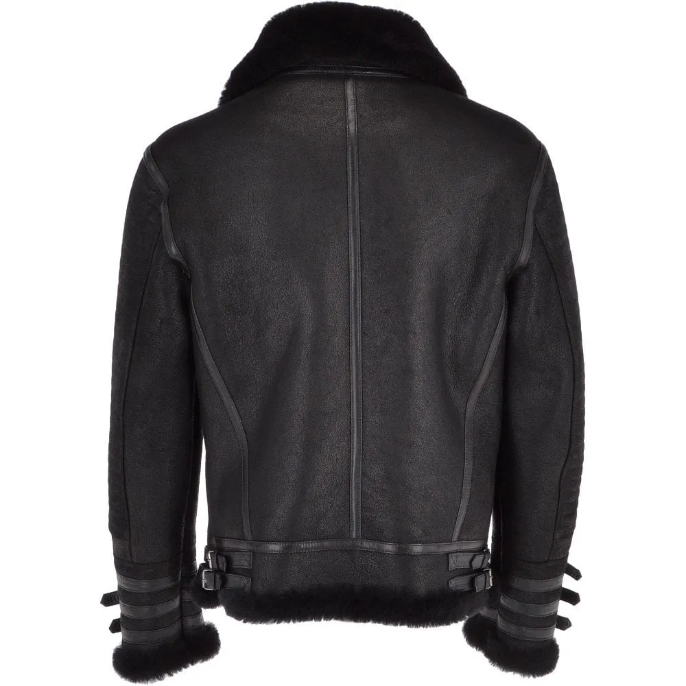 Men Black Aviator Flying Bomber Shearling Leather Jacket