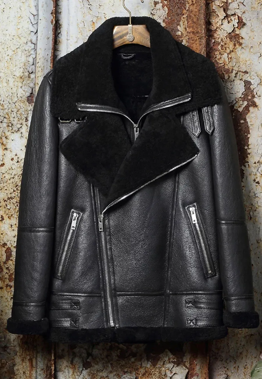 Men’s Black Leather Shearling Double Collar Jacket