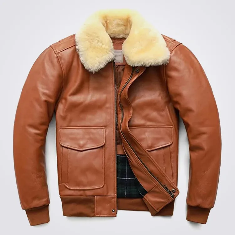 Men's Brown Leather Bomber Jacket with Detachable Collar