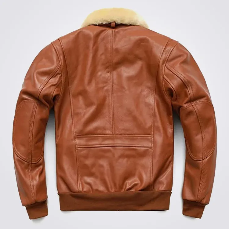 Men's Brown Leather Bomber Jacket with Detachable Collar