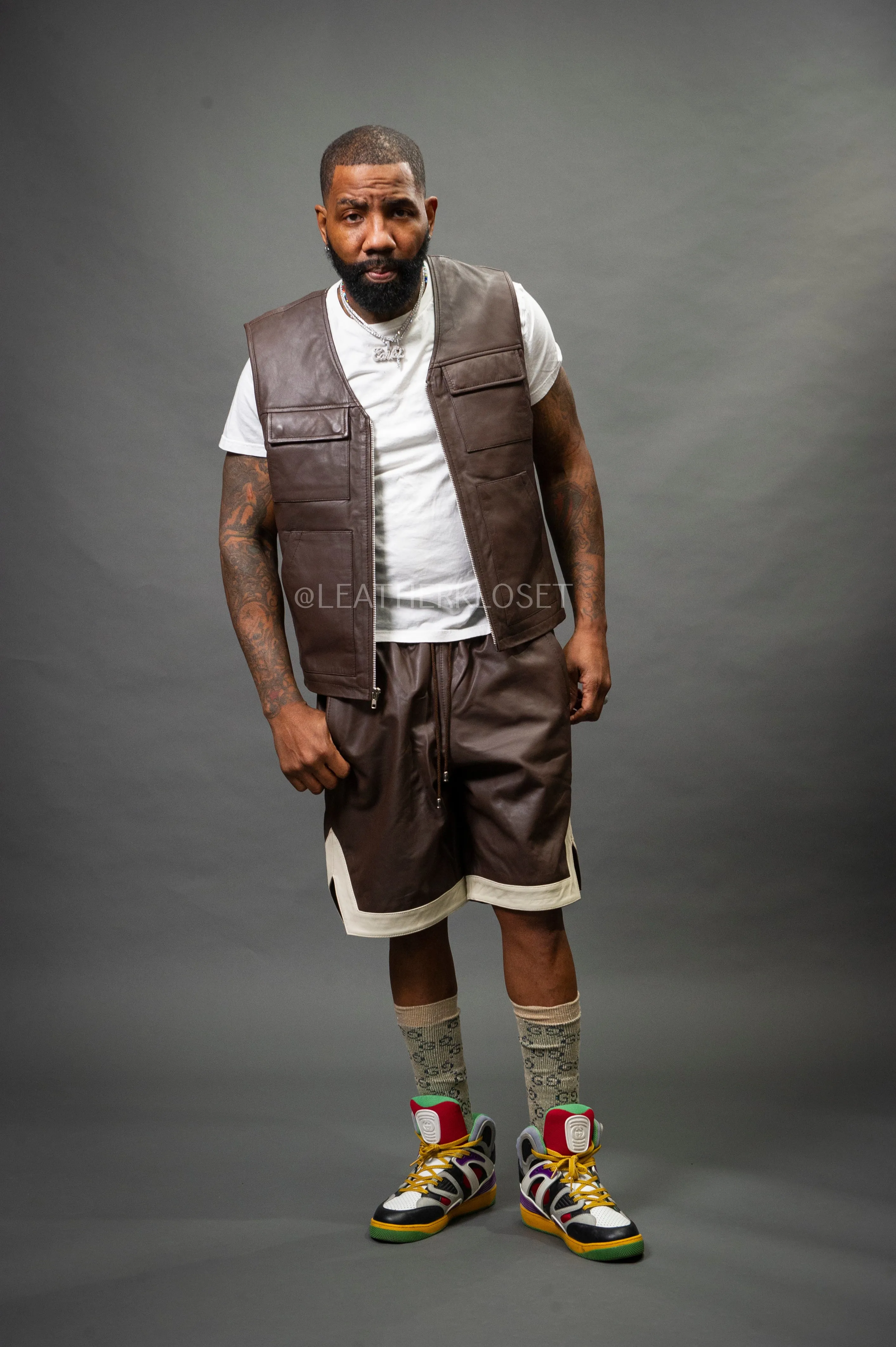 Men's Leather Brooklyn Vest With Leather Basketball Shorts [Chocolate/Beige]