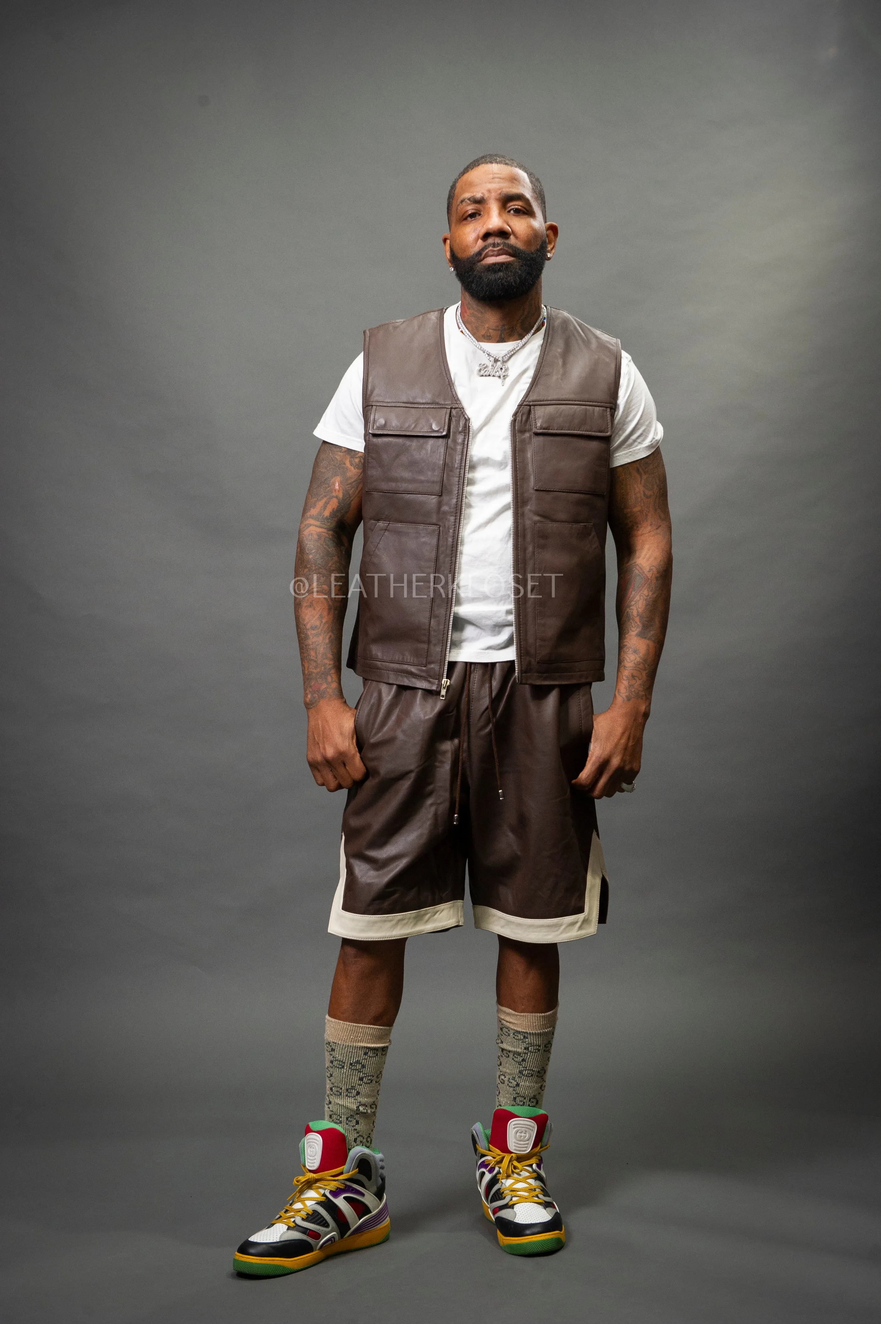 Men's Leather Brooklyn Vest With Leather Basketball Shorts [Chocolate/Beige]