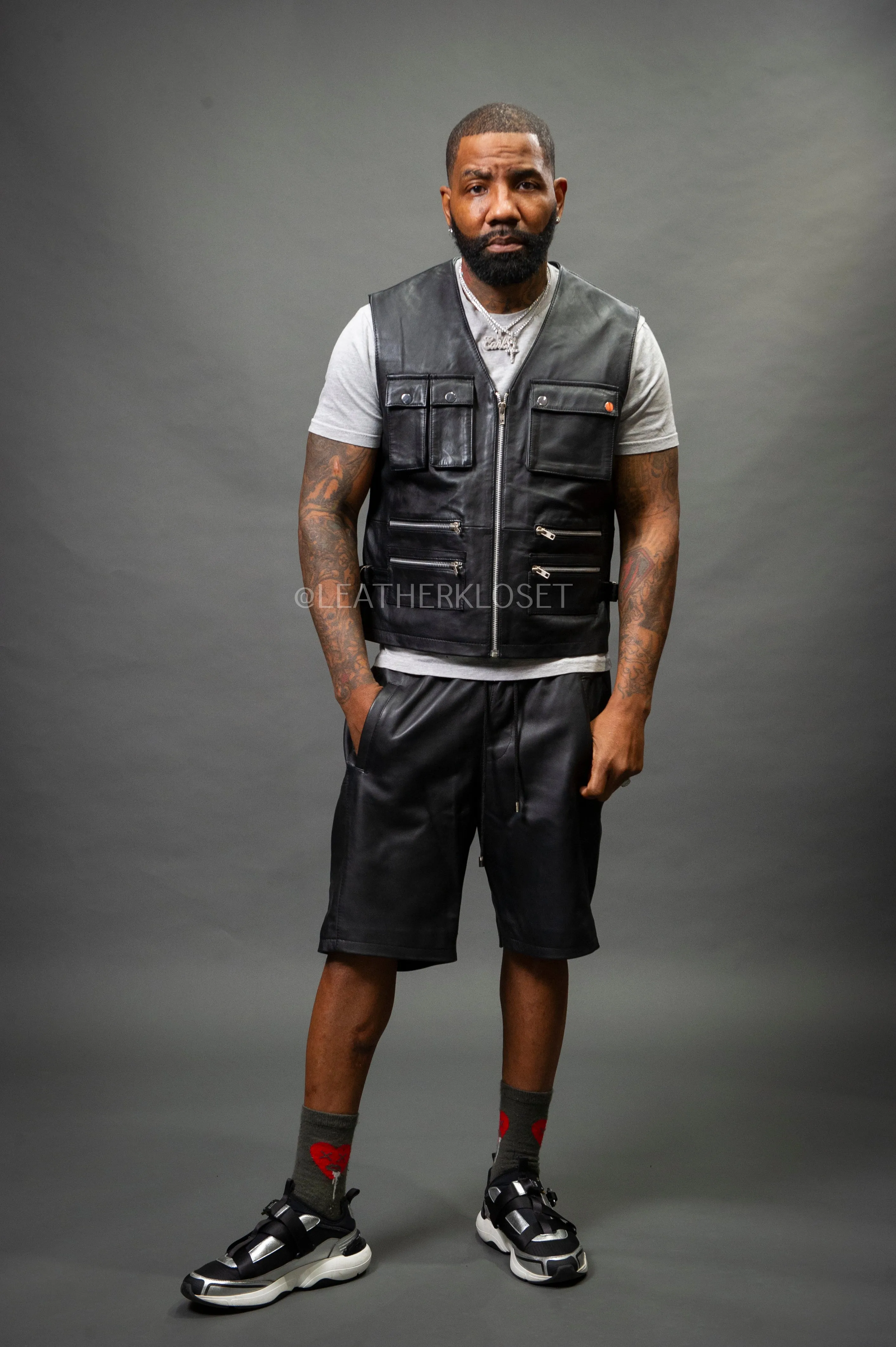 Men's Leather Tactical Vest With Leather Shorts [Black]