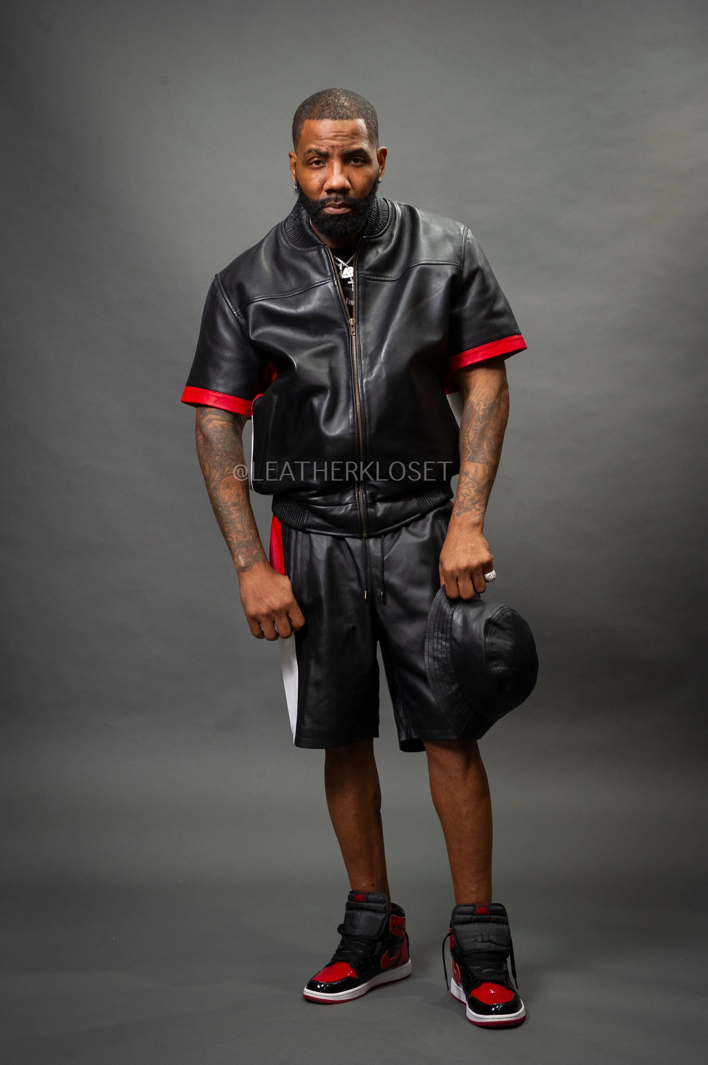 Men's Leo Leather Shorts and Jacket Set [Black/Red/White]