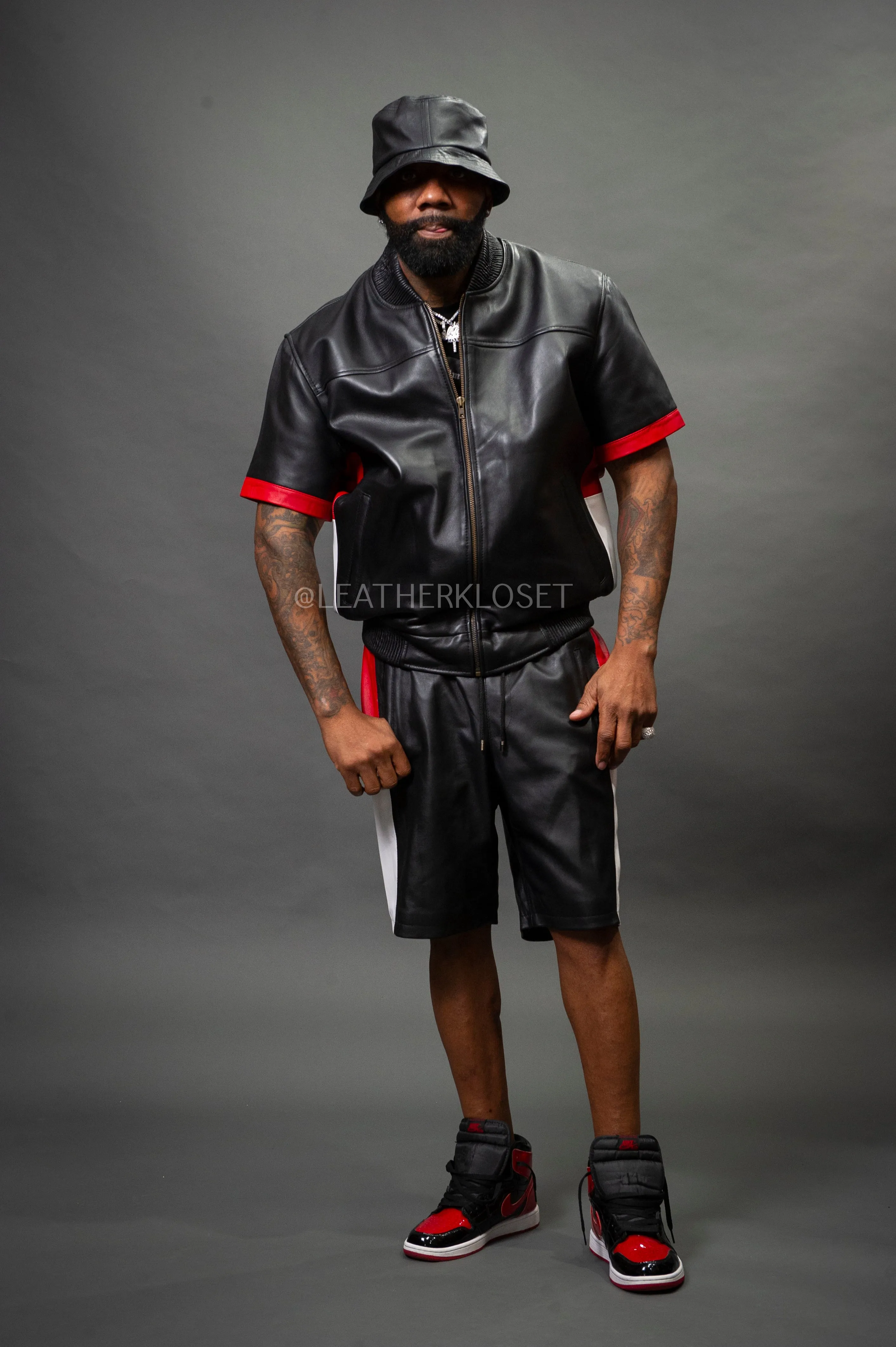 Men's Leo Leather Shorts and Jacket Set [Black/Red/White]